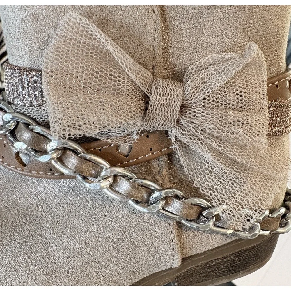 Crown Vintage Girls Gray Ankle Boots US 7M Zip Bow Chain Glitter Ankle Strap